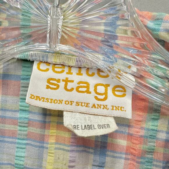 Vintage 80s plaid pastel seersucker roll short sleeve button up top small/medium - Picture 9 of 13